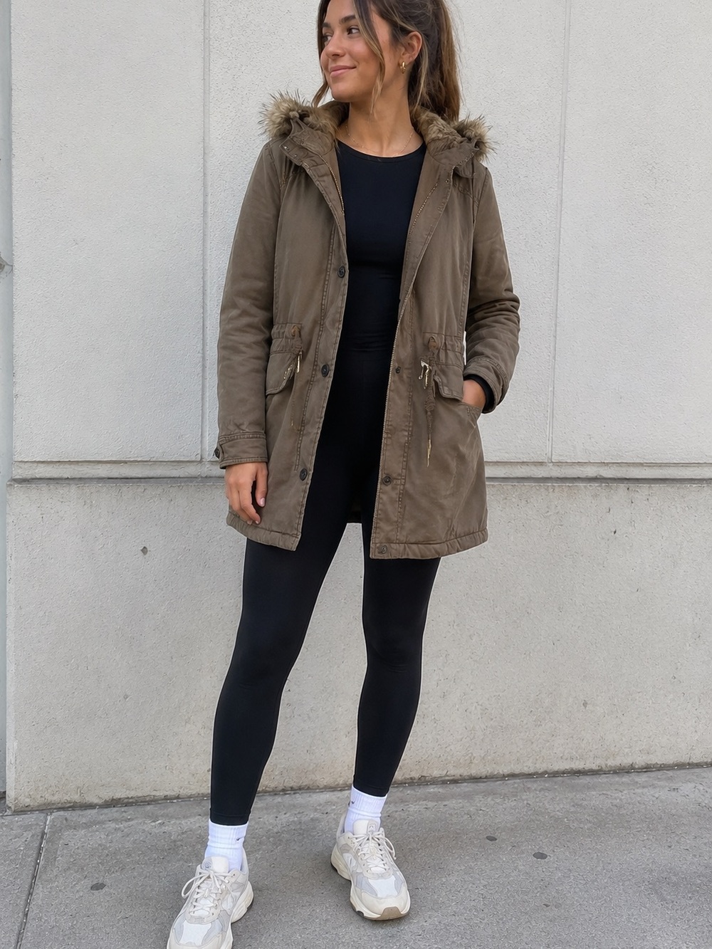 Pull&Bear Olive Green Hooded Parka with Faux-Fur Trim